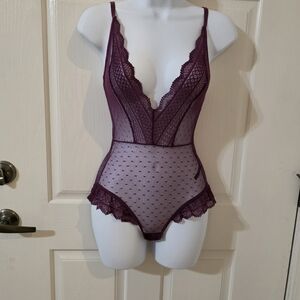 Sheer Lace Plunge Teddy Bodysuit - Wine